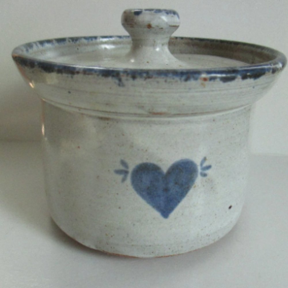 Little Crock with lid Blue Heart vintage Owens Pottery Seagrove North Carolina